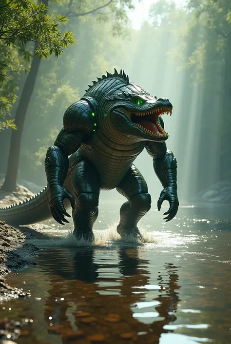 Here’s a prompt for a crocodile and robot hybrid in a forest lake setting:

"Create an image of a terrifying hybrid creature that fuses a crocodile with advanced robotic technology, set on the edge of a tranquil lake in a dense forest. The creature has the...