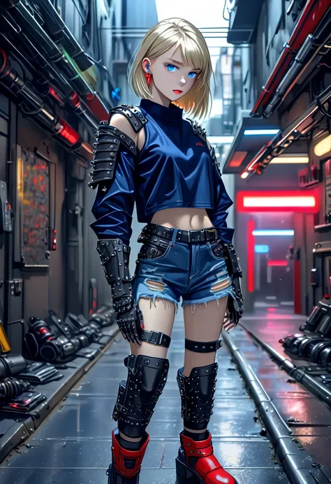 1girl, 18yo, blonde bob haircut, cyberpunk aesthetic, (perfect anatomy:1.3)  
Many earrings, bracelets, and necklaces.  (long hair:1.3)
Tattoos on visible skin (arms, neck, stomach, thighs), no tattoos on face. Fully clothed with a stylish outfit. 
(dark b...