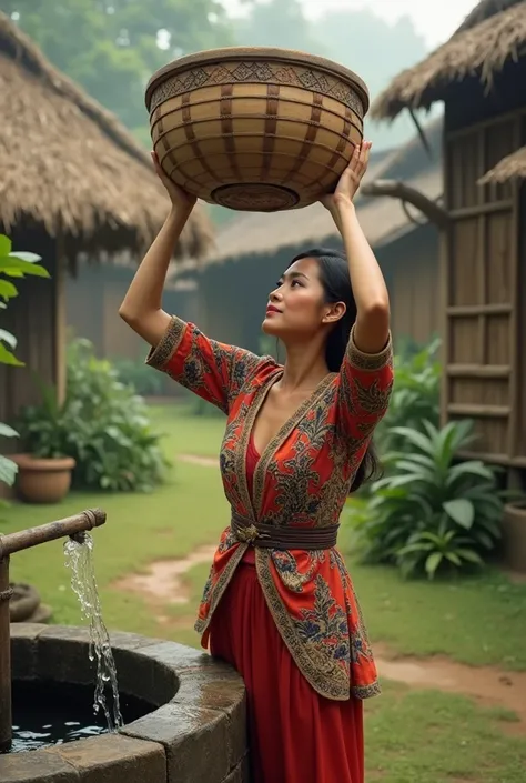 a beautiful woman dressed in a kebaya, She is lifting a wooden bucket or carrying a basket filled with water from a village well, with a rural setting in the background.