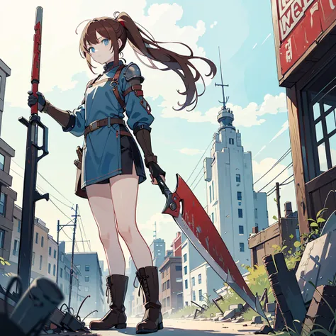 solo1.3、Abandoned City 1 .4、 Mysterious Adorable Girl 、Hold a mechanic rod-shaped weapon in one hand1.7、Leather Armor 1 .5、 Black Mechanic Machine Cage Hand 1 .5、 Black Mechanic Machine Boots 、Reddish brown hair、Dark Light Blue Eyes 、very long ponytail1.3、...