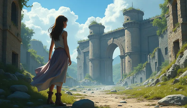 zara, ruins stand at the gate of a city ;  their gaze is full of hope and reflects the spirit of exploration, Draw in animation style but realistic.