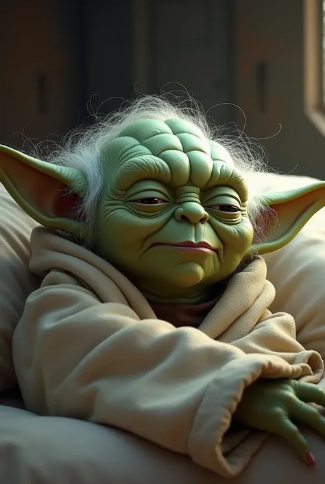 Generate a picture of Yoda waking up tired 