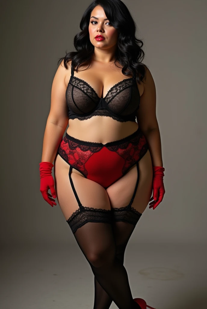 A chubby woman in only panties and bra
High waist lace panties 
Bra without lace cuffs 
Color of the red panties 
Bra color: black 
Black and red tights 
A red glove 
A black glove 
Red high heels 
Black high heels