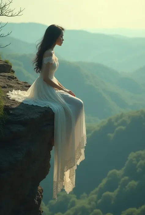  A girl in a beautiful white dress sits on top of a cliff, mysteriously looks into the distance 