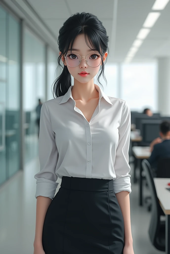 1girl, wearing office uniform, ponytail hair, from front, wearing transparent sunglasses, black eyes, black hair, background office, realistic, ((4K Ultra HD))