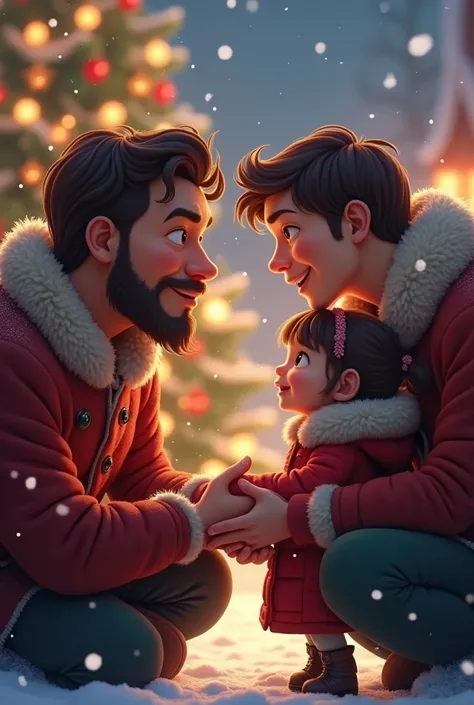 Two men look lovingly at a girl at Christmas