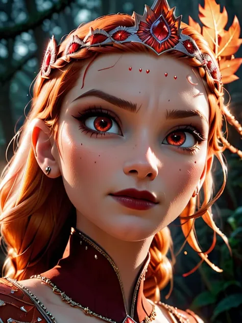 photo cinématique décontractée elsa,. photographie 35mm, film, Bokeh, professionnel, 4K, très détaillé, A majestic and ethereal queen of cards with piercing orange eyes that seem to burn with an inner fire, adorned in intricately designed orange and black ...