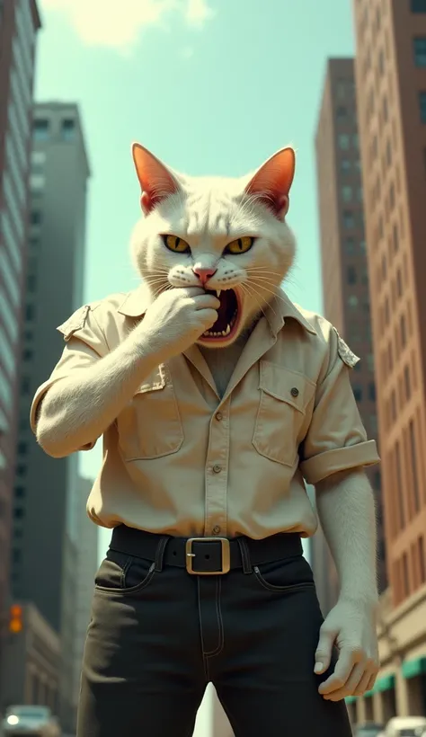 In cinematic 3D style, HD image, realistic image, colourful image.
Character,Very Weak Big jhonny white Cat wearing cream torn shirt and black pant.
Action,Very weak Johnny White Big cat is caugh very loudly with one hand over his mouth, with buildings in ...