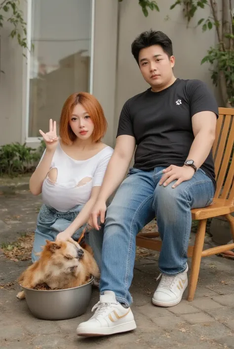 A realistic photograph captured by a professional photographer featuring an Asian man with a slightly chubby build and a noticeable belly, wearing a black t-shirt, jeans, and white sneakers, seated on a wooden chair and facing the camera. A Japanese woman ...