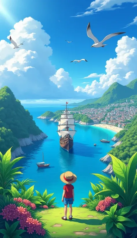 "A stunning anime-style landscape featuring a vibrant coastal town with lush green hills and a sparkling blue ocean. A majestic pirate ship is anchored in the bay, surrounded by smaller boats. The scene is viewed from a high vantage point with vibrant trop...