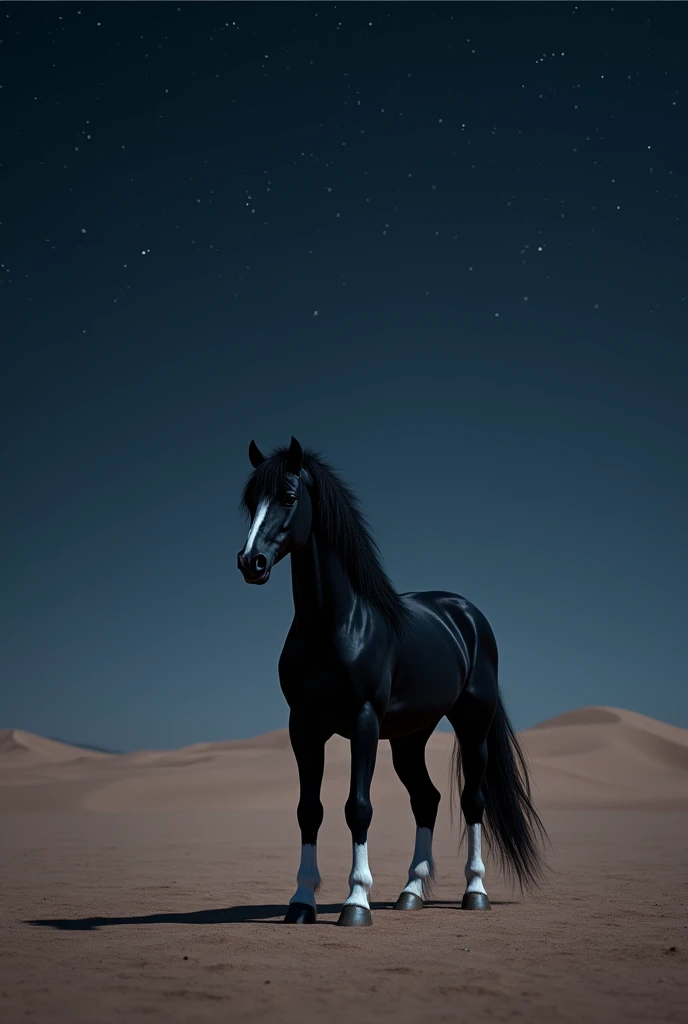  A black horse with white legs, in the middle of a desert at night  