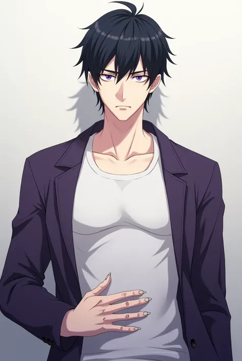 Anime style - A boy about 20 years old, but his hair is more realistic, short black hair but has a little hair on the back of his neck, handsome face, white skin, muscular, slightly dark under the eyes, purple-black eyes, white tank top and purple jacket, ...