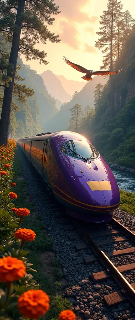 Run the train,High-speed trains ,Dark purple gold stripe train  , running in lush forest,Vivid ,Tgv,mountain,Banyan,Marigolds,Orchid Flower , Morning sun mixed with evening sun, River by the Railroad , Flying Hawk 