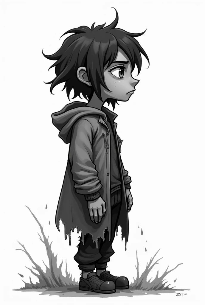 2D cartoon character in apocalyptic style black and white wearing a damaged clothes. He is looking to right with whitebackground. No shadows