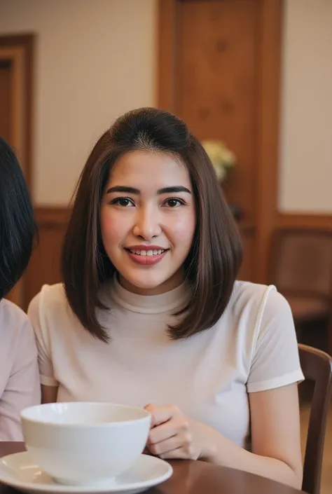 beautiful Thai women in the coffee shop, half body, close up