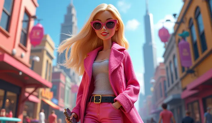 Barbie exploring a fashionable cityscape, wearing trendy outfits, holding a sketchbook, symbolizing creativity and fun."