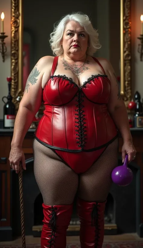 We see a very mature 70-year-old woman in her full body,  is fat and bulky , her round face  ,  with big green eyes and fat lips painted in carmine red ,  wears a red leather corset ,  tied by black laces ,  her big breasts stick out and we can see the big...