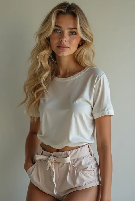 Create a blonde with blue eyes, long curly hair but collected, wearing a tight t-shirt and shorts , background neutral  