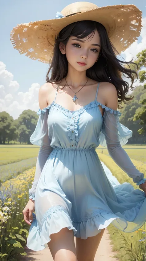 a woman wearing a soft blue silk dress, sunhat, jewelry, standing in a field, detailed portrait, delicate blue silk dress, flowing sundress, wearing necklace and cute hat, slim female model, chiffon, lovely young woman, beautiful young woman, blue silk dre...