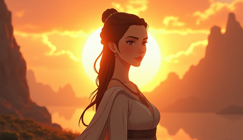 zara,  stands before the rising sun ;  as a light of hope for both the past and the future. Finally  " The legend of the Lost City , zara sayesinde bir gerçekliğe dönüşmüş."  is added , Draw in animation style but realistic.