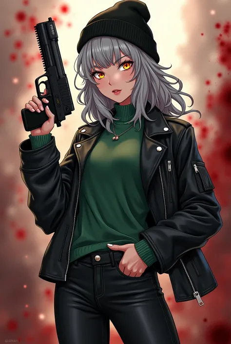 Beautiful anime girl in her 20s with gray wavy hair, yellow eyes, green sweater, black leather jacket, black skinny jeans, black high heeled boots, black beanie, holding gun, bloody background,