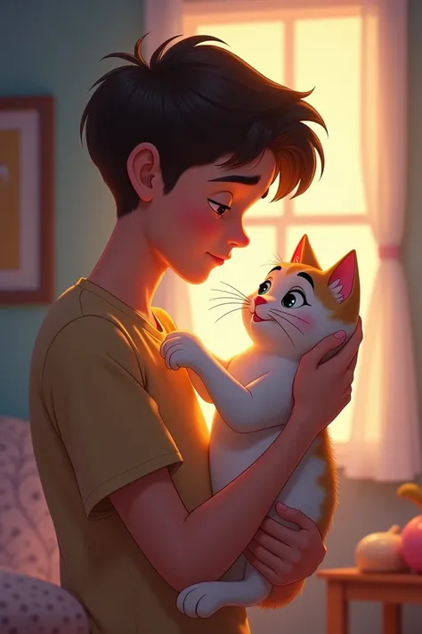 Young man holding a Disneystyle cat