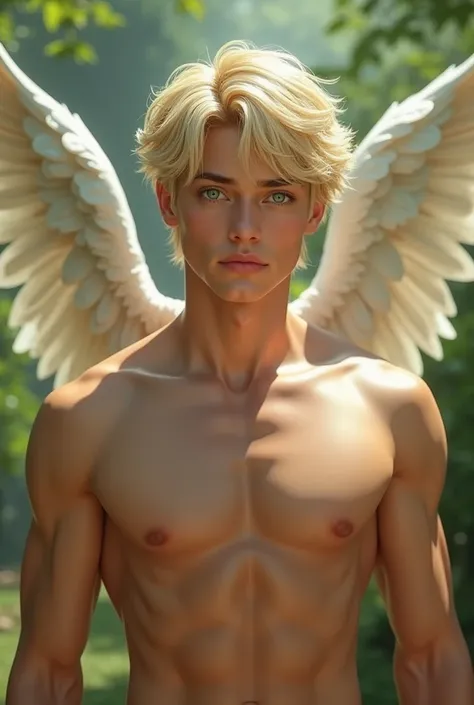  natural blond man, 22 year old, beautiful,  vibrant green eyes,  medium short straight hair with bangs,  Muscular body, shirtless,  angelic-looking , realistic blonde eyebrows 