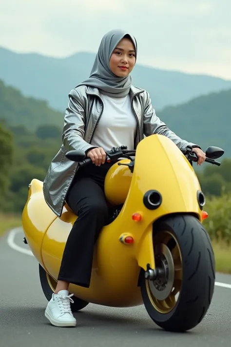  A woman in a hijab wearing a silver hijab ,  white t-shirt , silver jacket ,  black pants and white shoes is sitting on a banana-shaped ninja bike.  Country road background  