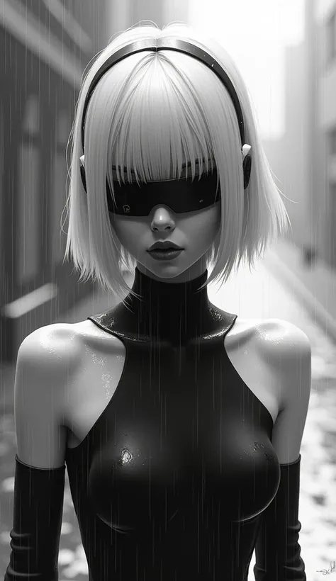 This is an infrared monochrome black and white pencil drawing showcases a striking, dark fantasy aesthetic. , digital artwork of a futuristic, cyberpunk-styled female android with pale skin, 1girl, solo, short hair, dress, bare shoulders, medium breasts, c...