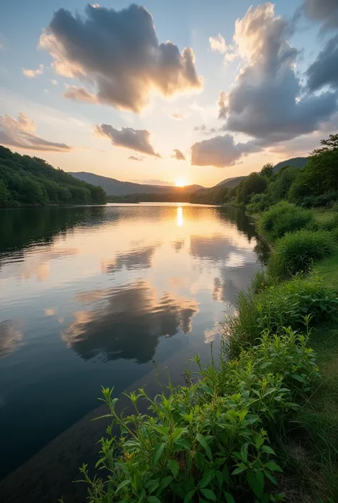 a tranquil lake, calm waters, lush green foliage, idyllic scenery, serene atmosphere, golden hour lighting, dramatic sky with clouds, beautiful reflections on the water, picturesque landscape, photorealistic, masterpiece, 8k, hyperdetailed, vibrant colors,...