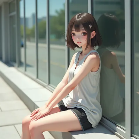 absurd realistic photo of a japanese girl, smiling, wearing a loose tank top and a mini shorts, sitting beside a glass wall on a sunny day, best quality, ultra realistic, perfect body, beautiful face, accurate details, hyper realistic