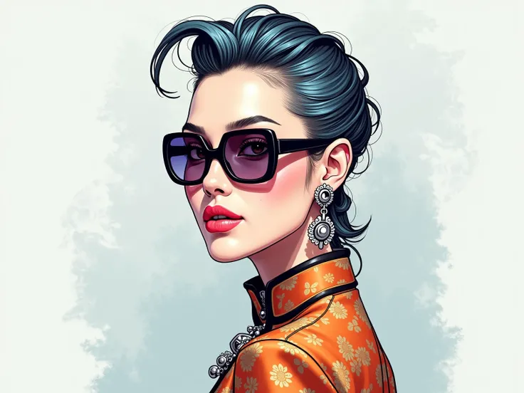 Refined prompt: "Illustrate a stunning East Asian woman exuding sophistication and poise, with a sleek, high-fashion hairstyle featuring pastel blue or silver accents. Her confident, alluring expression is punctuated by bold, statement lips and a smolderin...