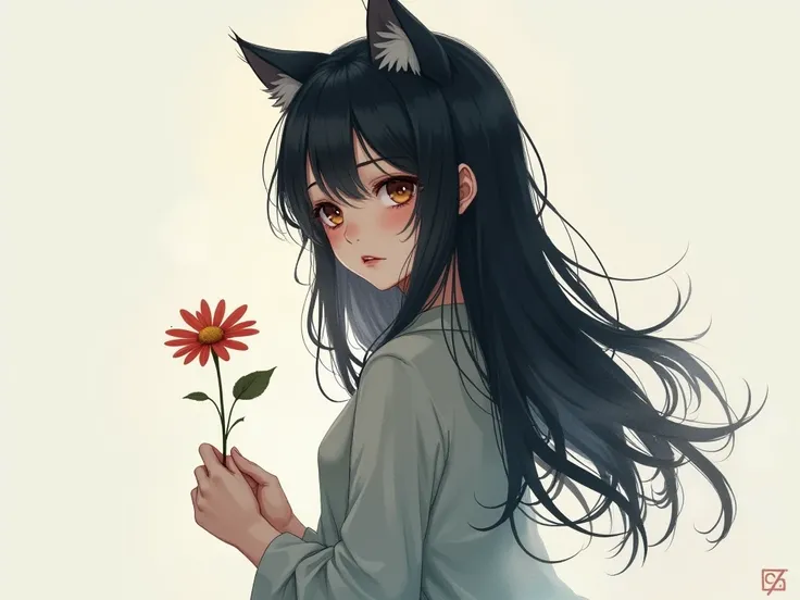  black hair, long hair,   Cat ears,  shedding a few tears 、Holding 1 flower 、sad、Illustration、look back