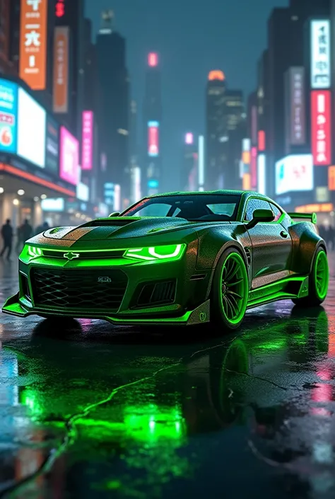 Realistic image,neon style,hulk as a car