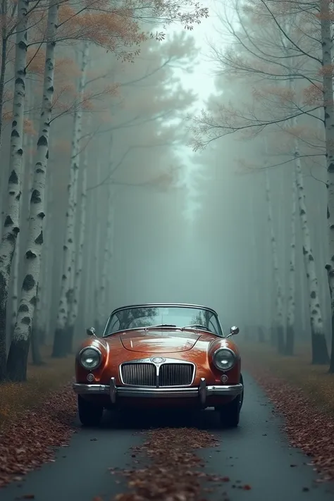 A metal color classic car standing in a road. There will the a forest of barch trees. Atmosphere will be Misty and foggy 