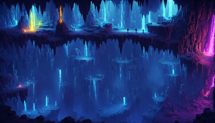 Game scene, no humans, , Mine cave, pillar, Crack, fluorescence, Light pillar, fantasy, Two-dimensional style