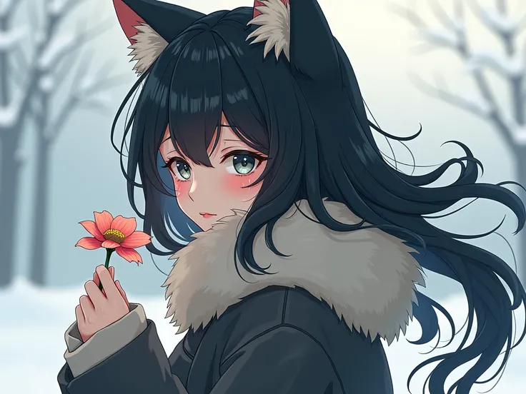  black hair, long hair,   Cat ears,  shedding a few tears 、Holding 1 flower 、sad、Illustration、look back、Winter clothes