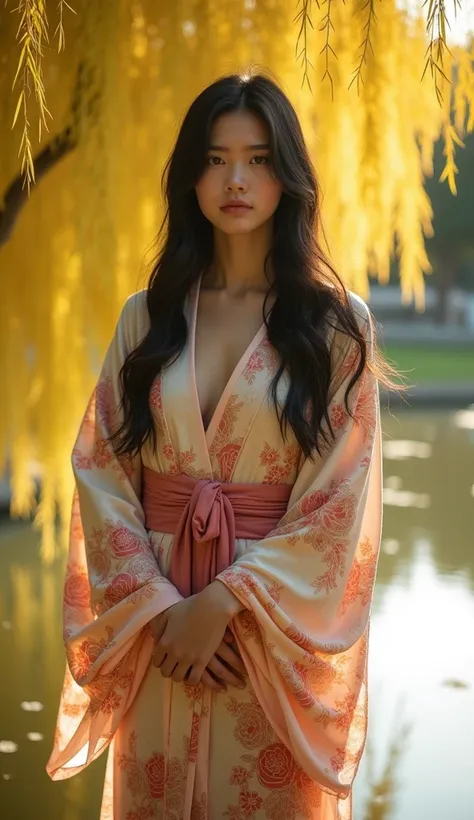 Portrait Realistic Photography.A beautiful and elegant Japanese woman 22 years old white skin wearing a kimono strikingly exposed chest slits. She is standing under a golden willow tree. She has beautiful black long hair. There is a large pond in the backg...