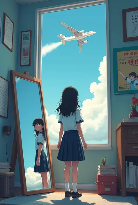 Drawing of a student in her uniform standing in mirror in her room and reaching with her reflection where shes already a flight. Theres also a plane in the sky of her window