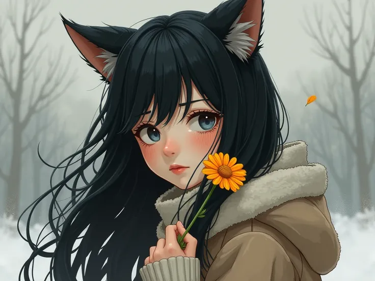  black hair, long hair,   Cat ears,  shedding a few tears 、Holding 1 flower、Calendula 、sad、Illustration、look back、Winter clothes