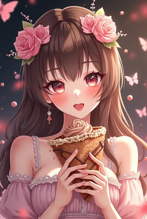 Bellissima Donna manga con crepes al cioccolato, smarties volanti, schizzi di cioccolato, marshmallow, farfalle volanti, sfondo ricamato rosa e nero, 4k