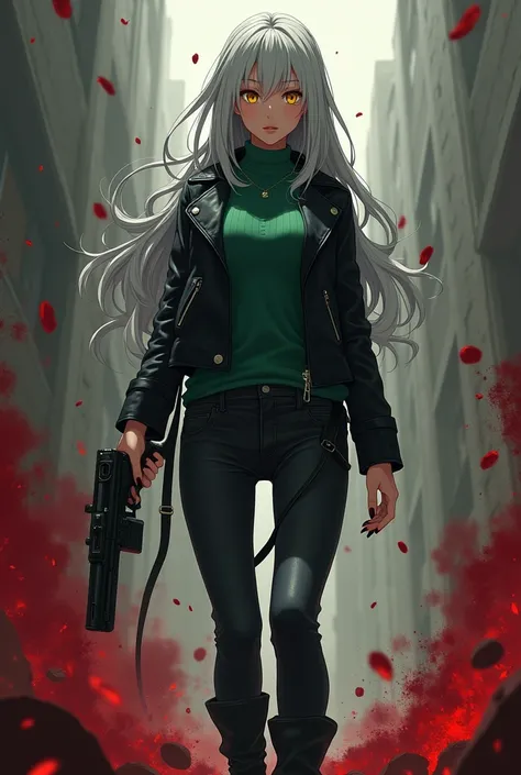 Beautiful anime girl in her 20s with gray long straight hair, yellow eyes, black nails, green sweater, black leather jacket, black skinny jeans, black high heeled boots, holding gun, bloody background,