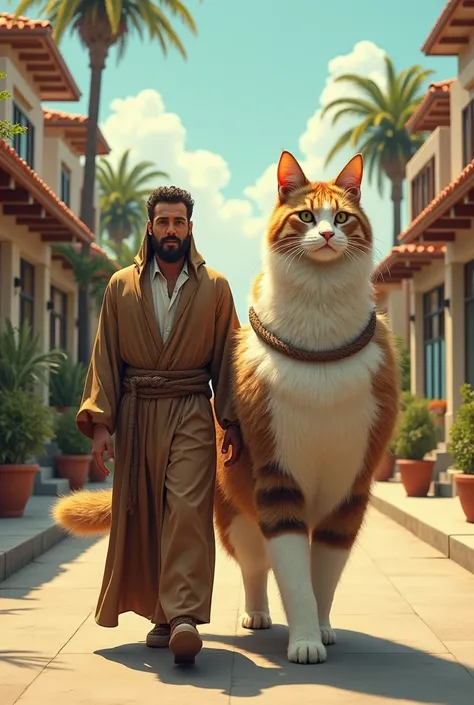  a man walks alongside a large, bushy furry cat tied with a rope on a residential street .  The man is wearing a brown long dress with a matching belt and veil .  The cat is very large and has thick and bushy fur with a blend white and brown colors .  The ...