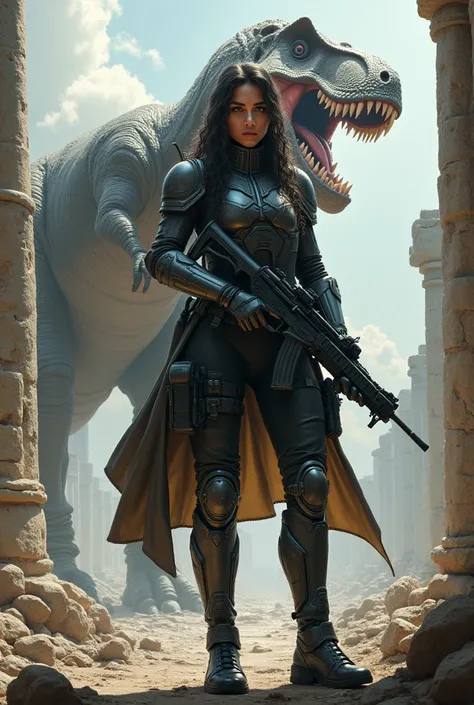 illustration of a woman in future cyber military clothing standing holding a rifle, and behind her there is a past civilization, and behind her there is a T-rex dinosaur trying to pounce, full image, realistic, ultra detailed, dark fantasy theme