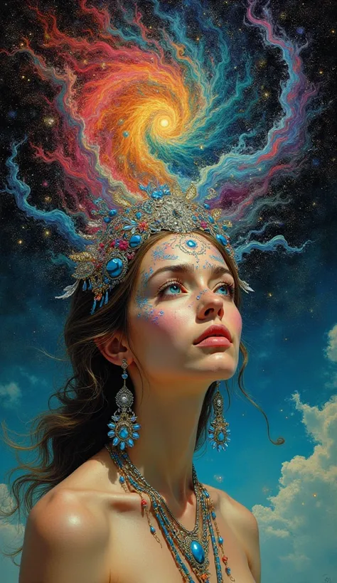 A woman in the 1960s, with the universe in her head, psychedelic art
