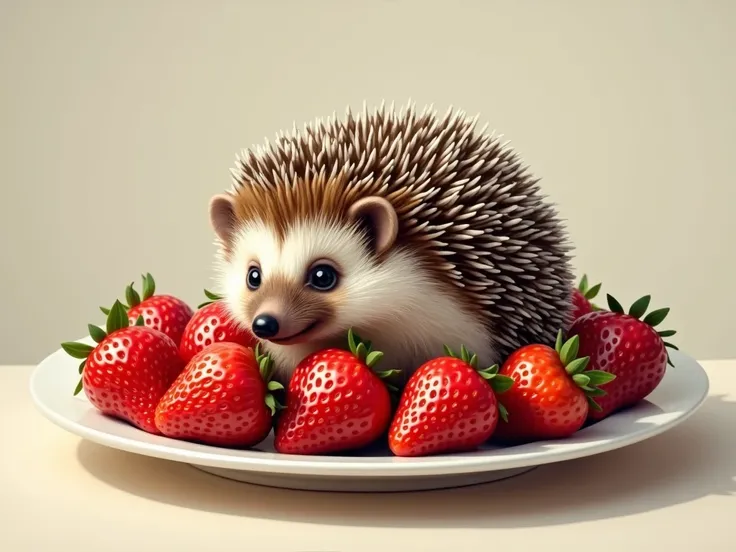 On the plate, the little hedgehog looks like strawberries
