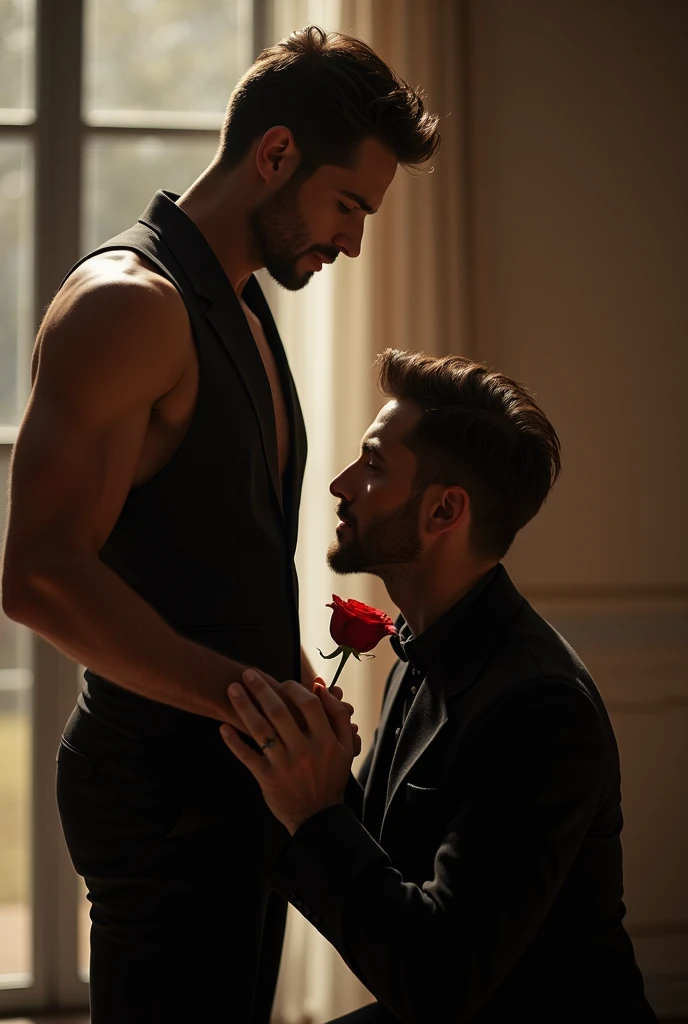 A handsome man is standing wearing a black dress. Another handsome man is kneeling, proposing with a rose.

