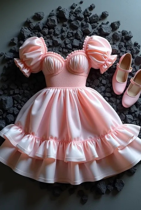 A sweetheart neckline light pink latex puffy minidress with light pink puffy ruffles sleeves and light pink latex ruffled skirt. There is also a light pink latex mary jane shoes on side of the dress. The dress is laying down on the floor full with pile of ...