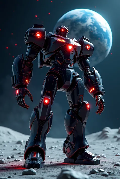 4K quality 3D rendering. A massive evil robot transformed from a black giant missile stands on the moons surface, with the vast expanse of space as the backdrop. The robot gazes upward menacingly, aiming at Earth. The design retains elements of its pre-tra...