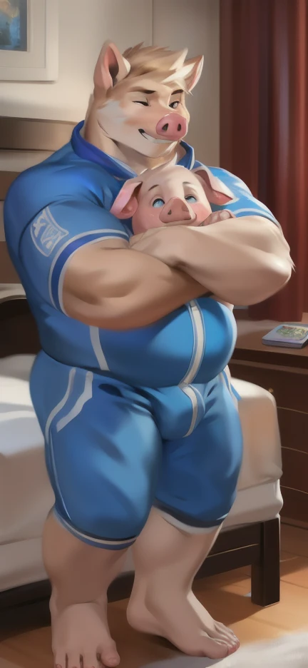 Living with baby pigs, sleepless, bedroom,pig ,blue military spacesuit, overweight,Hugging a baby pig muscular, Sexual Emotions, by chunie